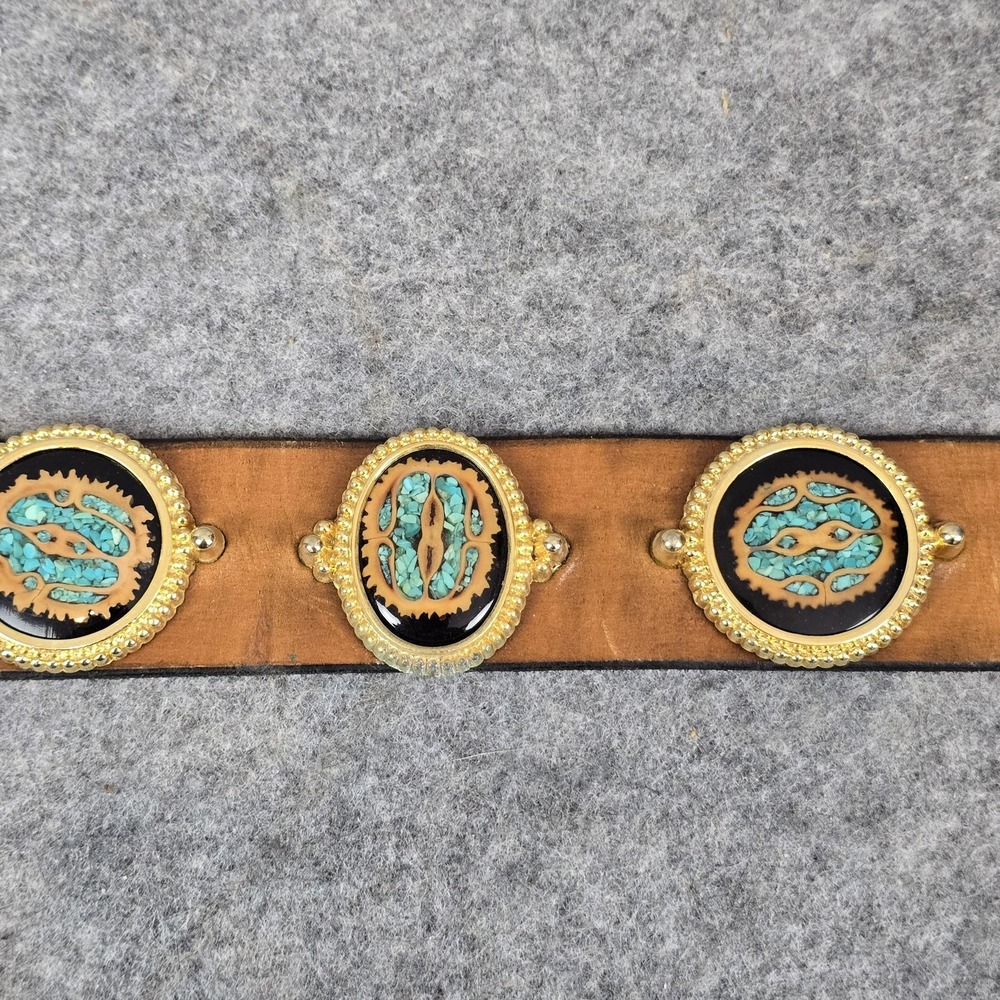 Western Concho Belt 48" Brown Leather Brass Tone Turquoise Inlay Studded Conchos - Picture 6 of 16